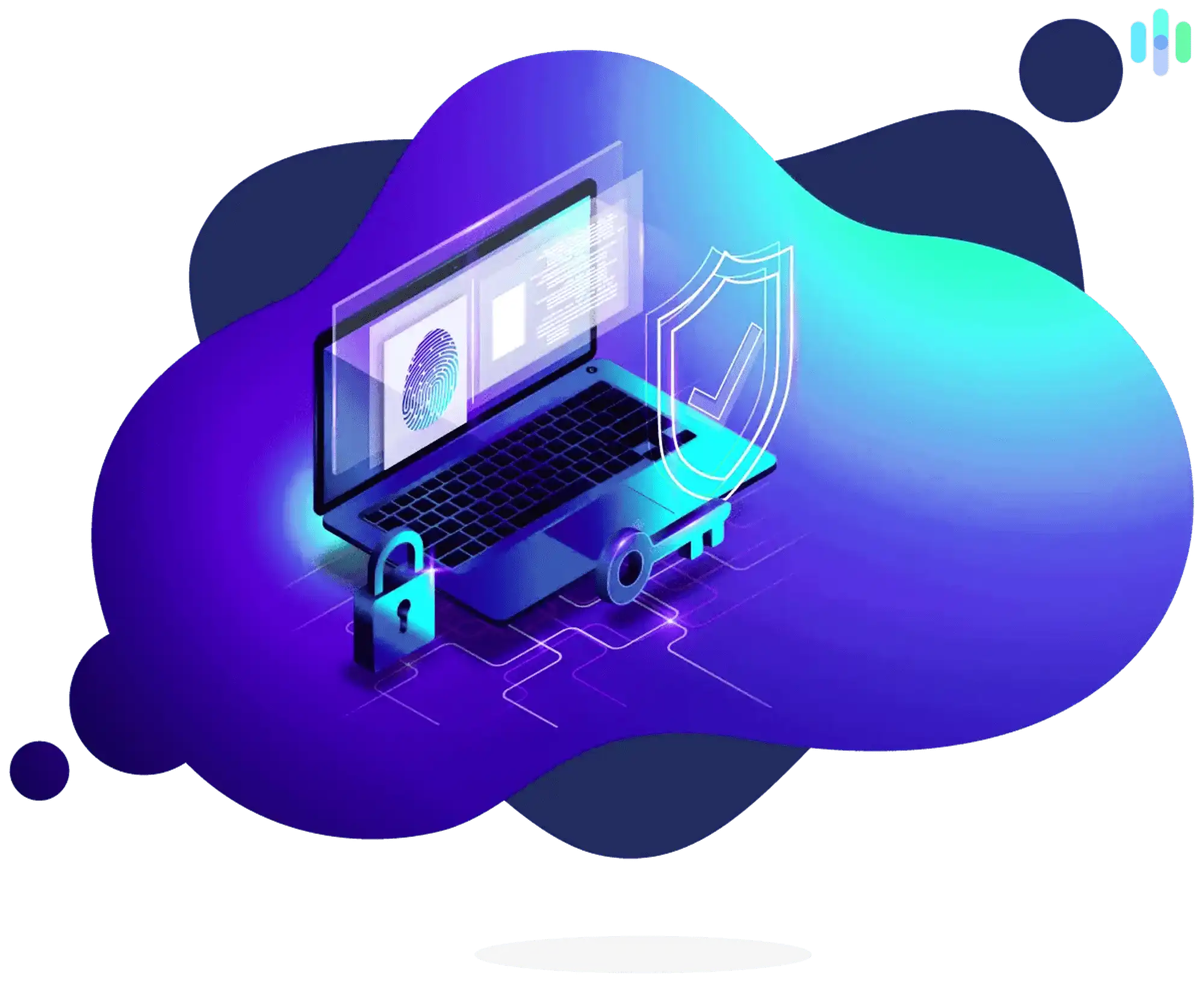 Larawan ng laptop na may icon ng digital security na kumakatawan sa aktibong alternatibong link ng SBOBET.