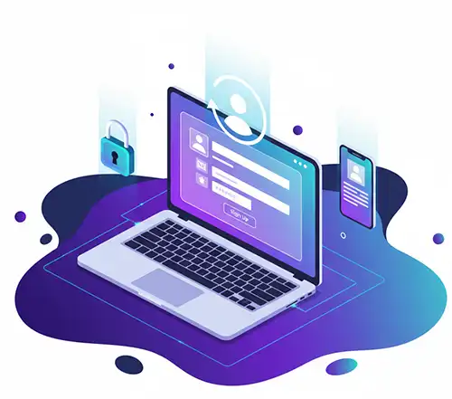 Larawan ng form sa pagrerehistro ng SBOBET sa laptop na may kulay asul at lila.